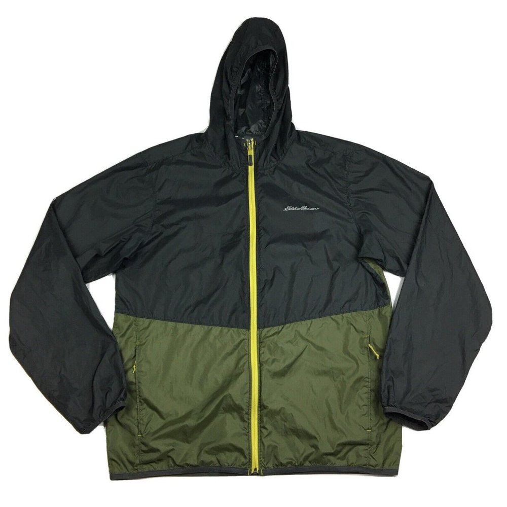 Eddie Bauer Mens Green Black Full Zip Hooded Windbreaker Jacket Medium D1751448